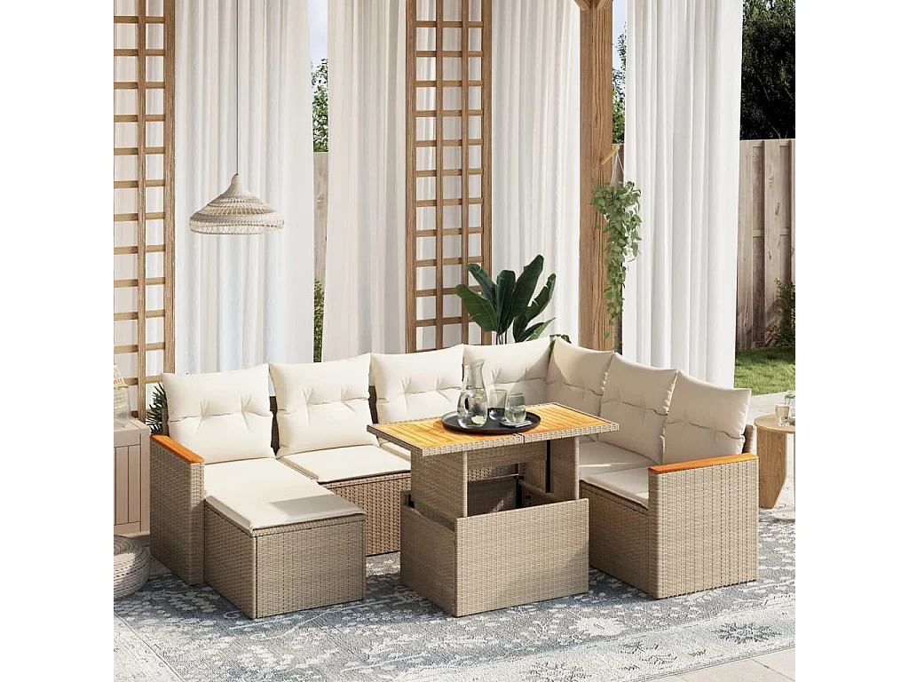 8-delige Loungeset met kussens poly rattan beige