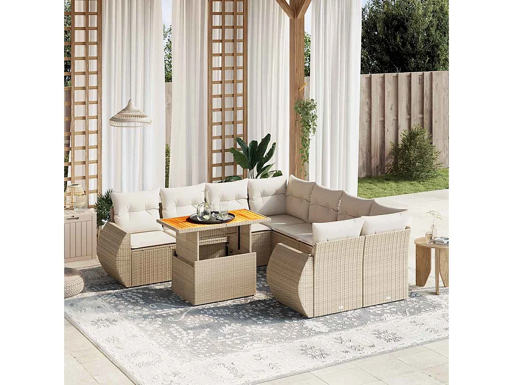 9-delige Loungeset met kussens poly rattan beige