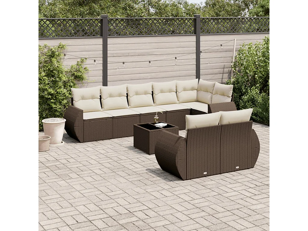 9-delige Loungeset met kussens poly rattan bruin