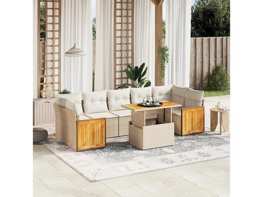 8-delige Loungeset met kussens poly rattan beige