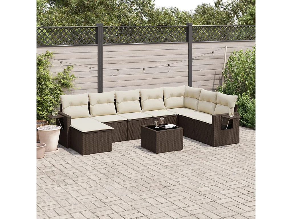 9-delige Loungeset met kussens poly rattan bruin