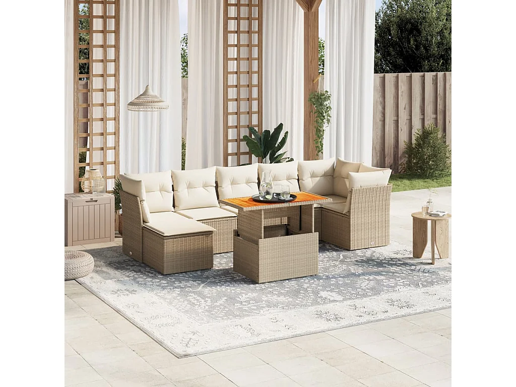 8-delige Loungeset met kussens poly rattan beige
