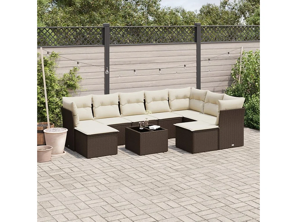 10-delige Loungeset met kussens poly rattan bruin