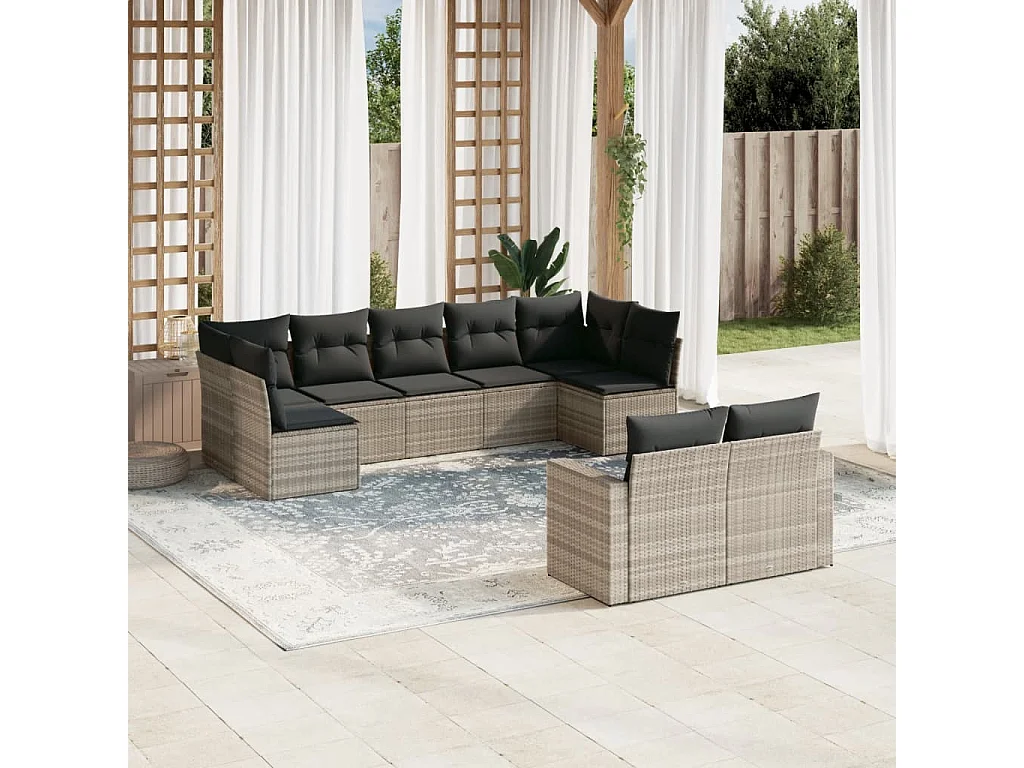 9-delige Loungeset met kussens poly rattan lichtgrijs