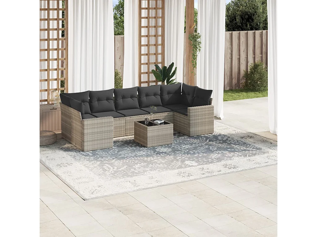 8-delige Loungeset met kussens poly rattan lichtgrijs