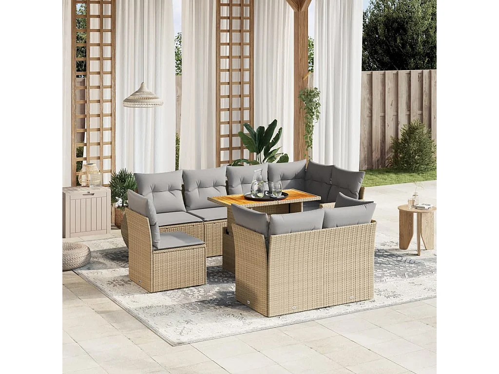 9-delige Loungeset met kussens poly rattan beige
