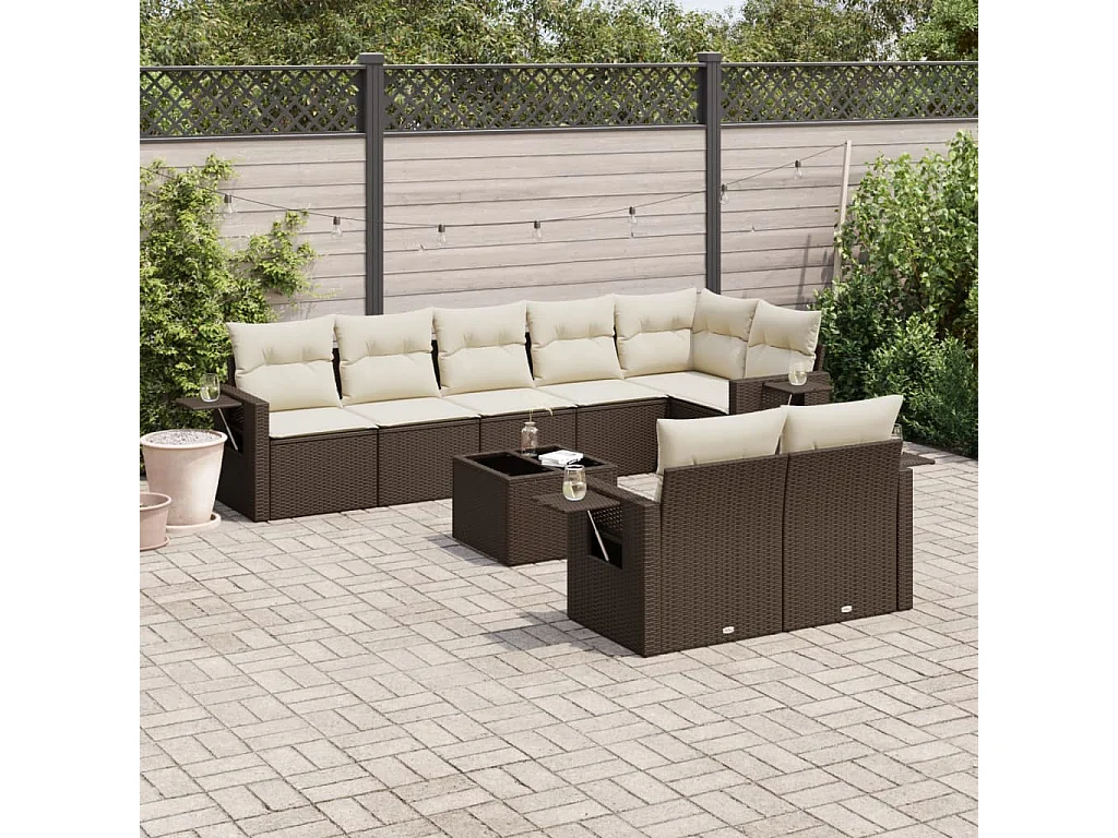 9-delige Loungeset met kussens poly rattan bruin