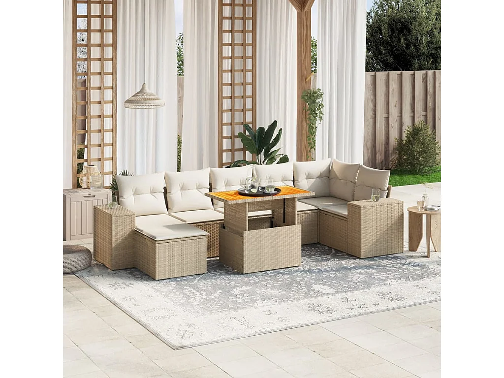 8-delige Loungeset met kussens poly rattan beige