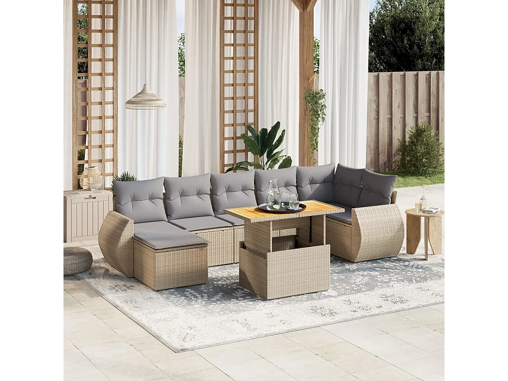 8-delige Loungeset met kussens poly rattan beige