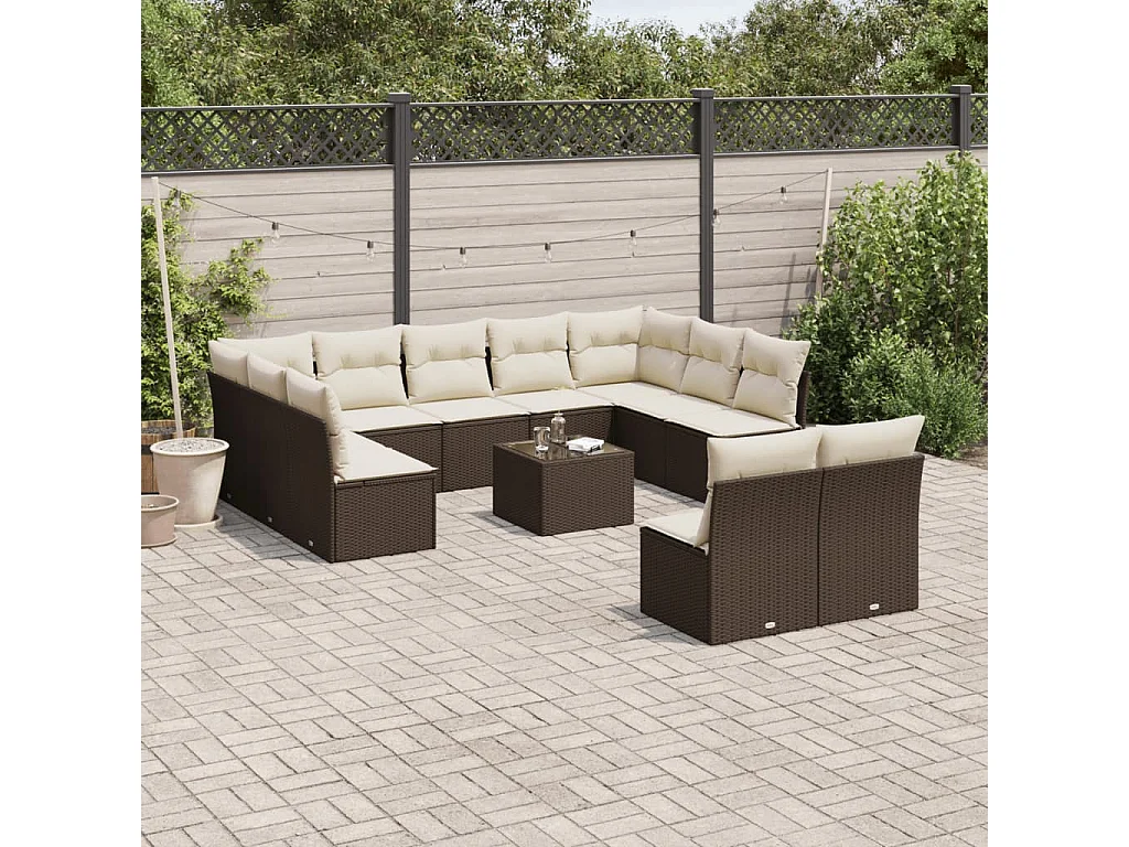 12-delige Loungeset met kussens poly rattan bruin