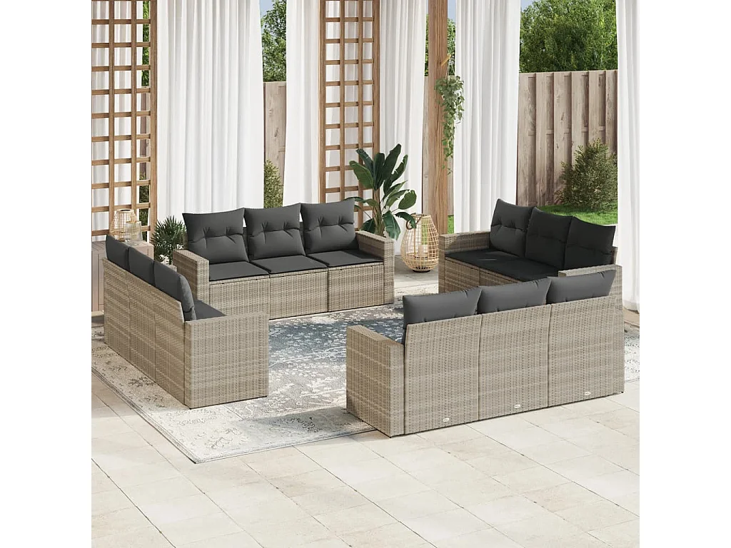 12-delige Loungeset met kussens poly rattan lichtgrijs