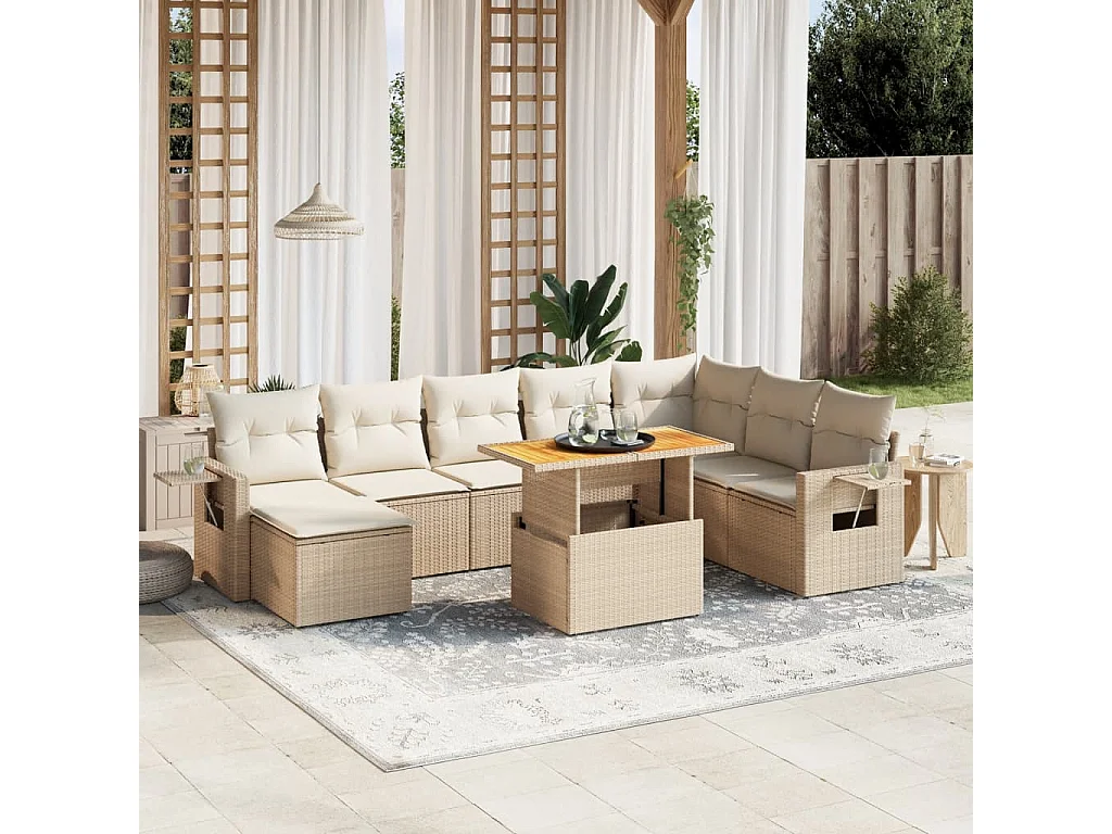 9-delige Loungeset met kussens poly rattan beige