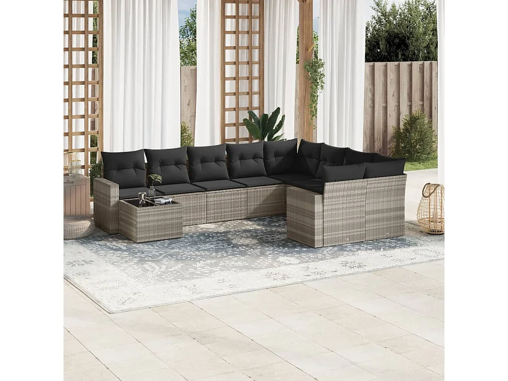 10-delige Loungeset met kussens poly rattan lichtgrijs