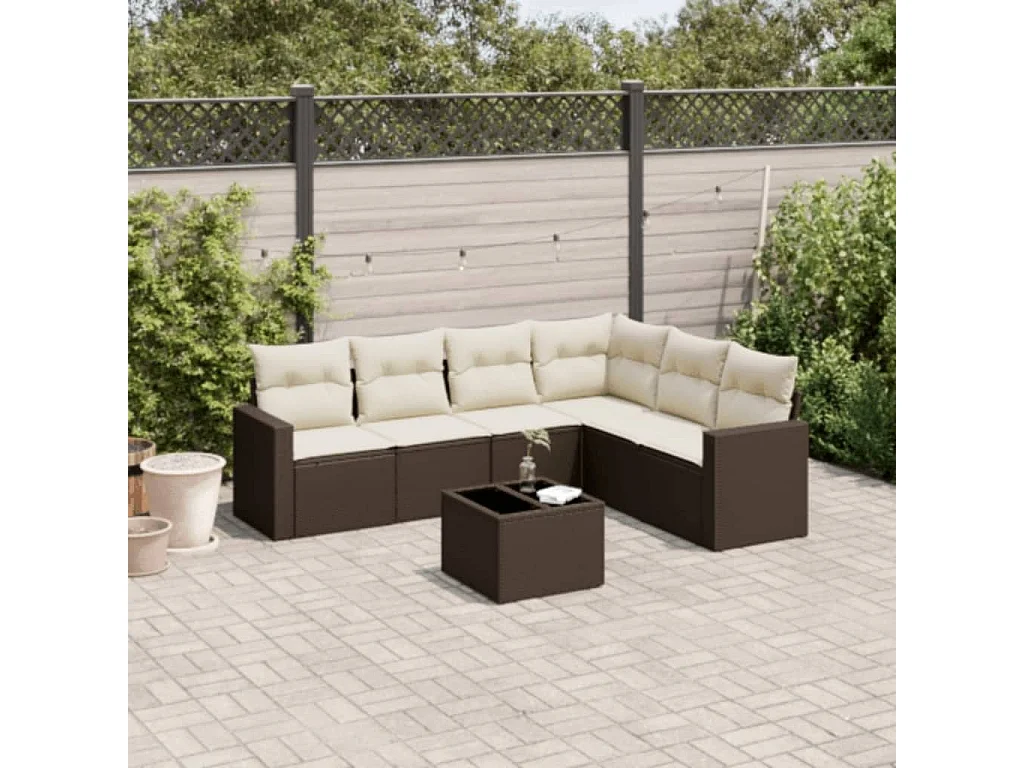 7-delige Loungeset met kussens poly rattan bruin