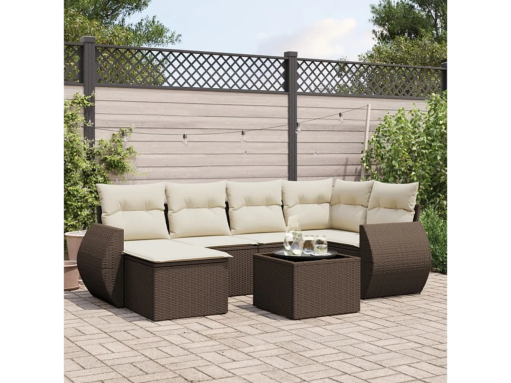 7-delige Loungeset met kussens poly rattan bruin