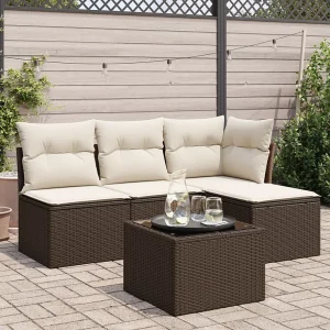 5-delige Loungeset met kussens poly rattan bruin 5-delige Loungeset met kussens poly rattan bruin