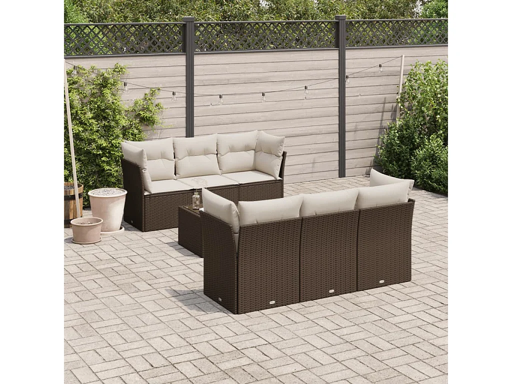 7-delige Loungeset met kussens poly rattan bruin