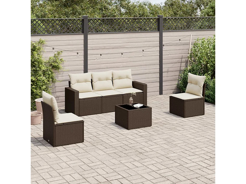 6-delige Loungeset met kussens poly rattan bruin