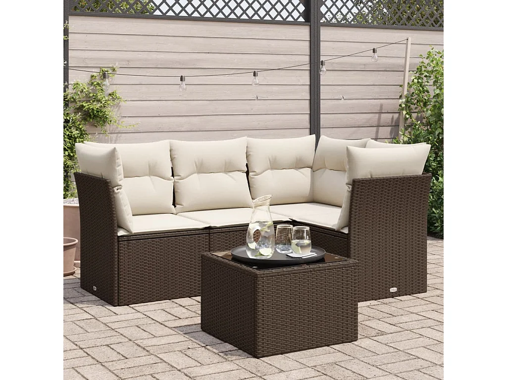 5-delige Loungeset met kussens poly rattan bruin