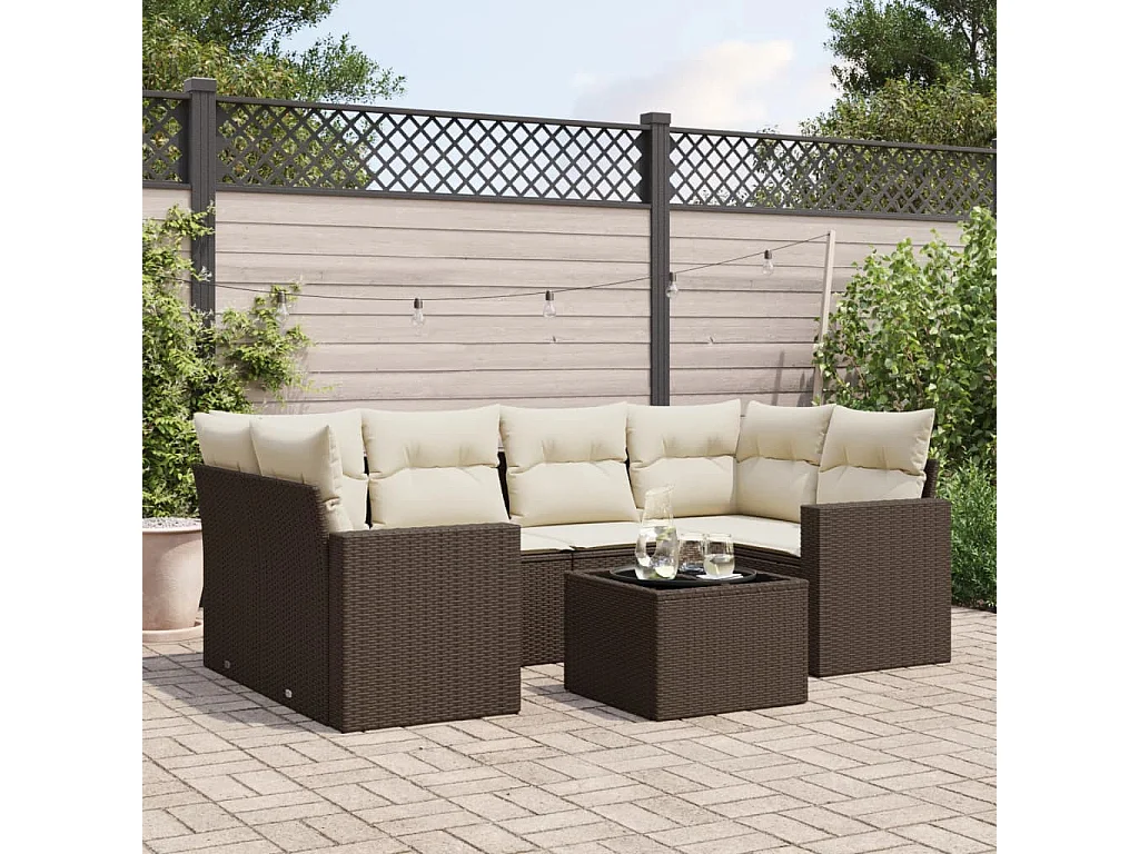 7-delige Loungeset met kussens poly rattan bruin