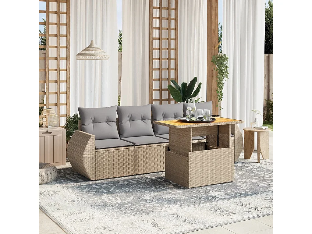 5-delige Loungeset met kussens poly rattan beige