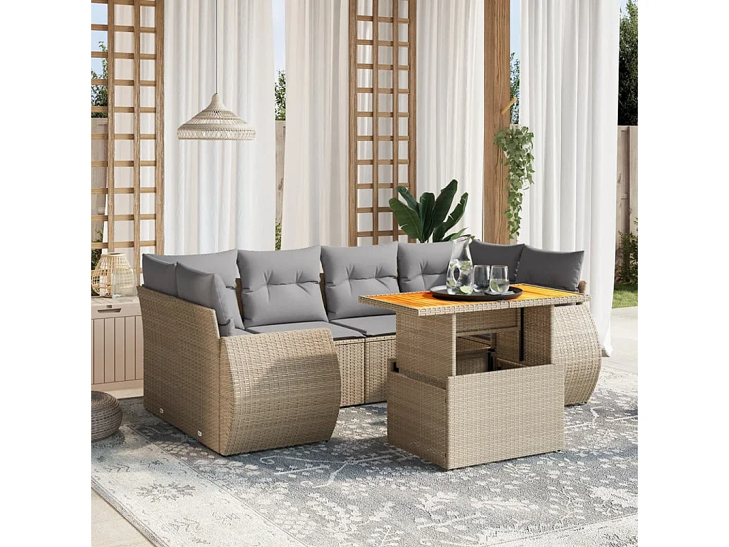 7-delige Loungeset met kussens poly rattan beige