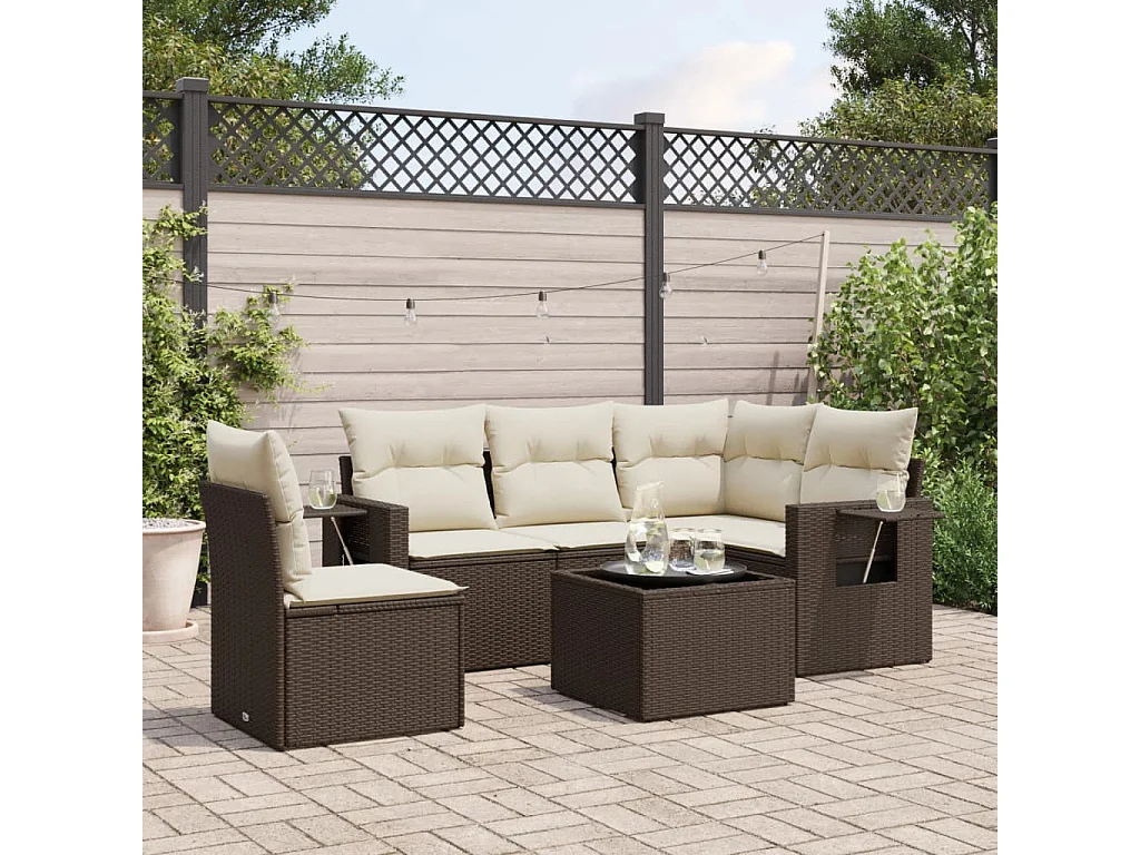6-delige Loungeset met kussens poly rattan bruin