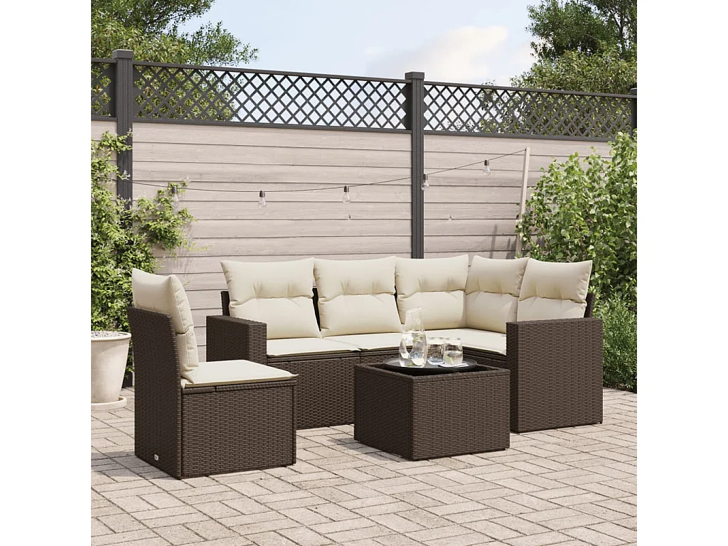 6-delige Loungeset met kussens poly rattan bruin