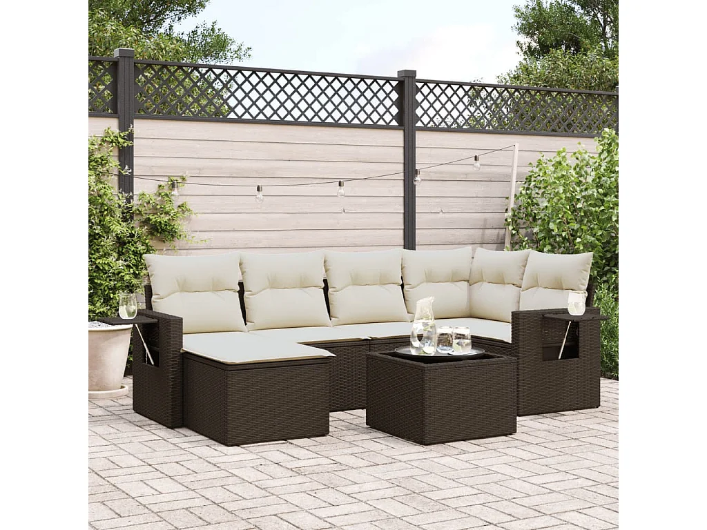 7-delige Loungeset met kussens poly rattan bruin