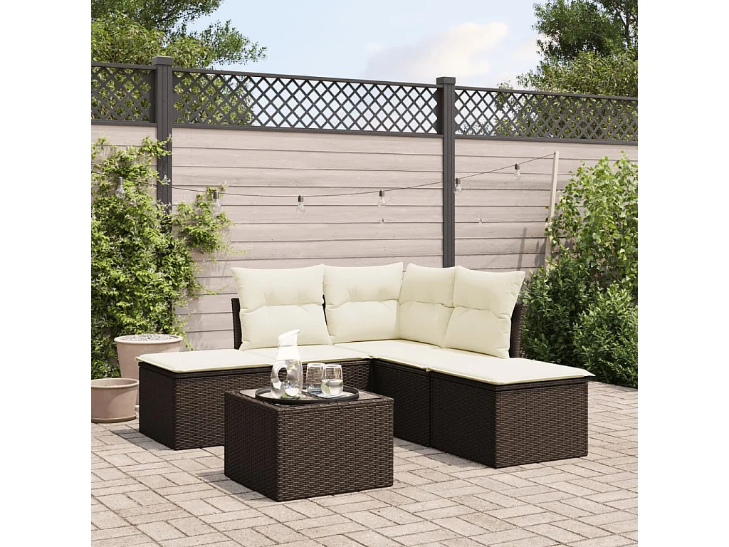6-delige Loungeset met kussens poly rattan bruin