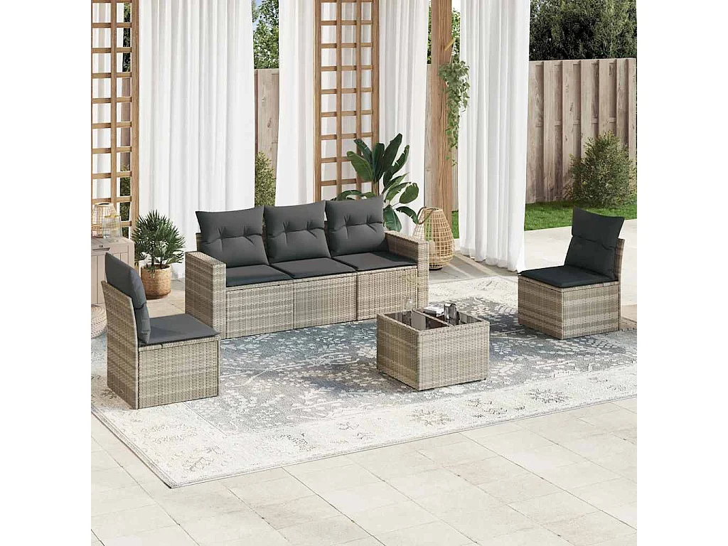 6-delige Loungeset met kussens poly rattan lichtgrijs