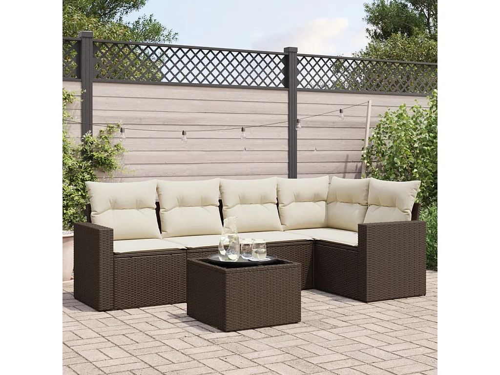 6-delige Loungeset met kussens poly rattan bruin