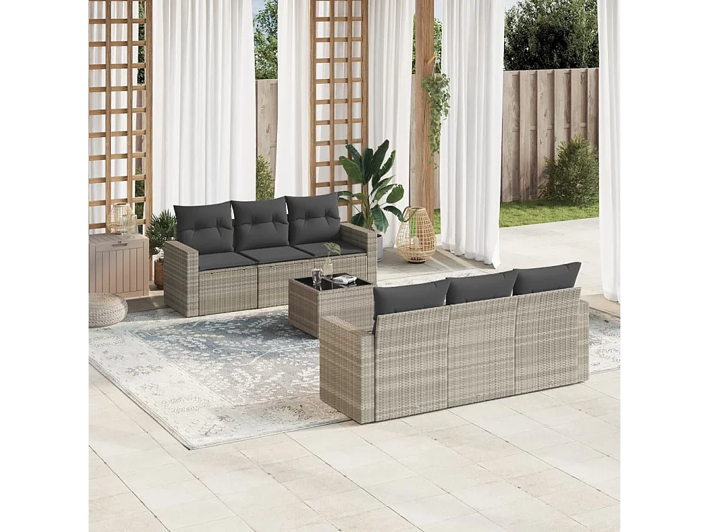 7-delige Loungeset met kussens poly rattan lichtgrijs