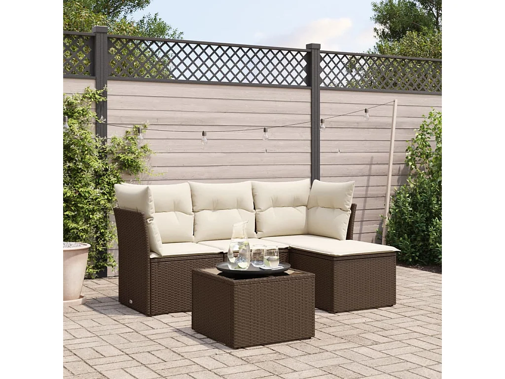 5-delige Loungeset met kussens poly rattan bruin