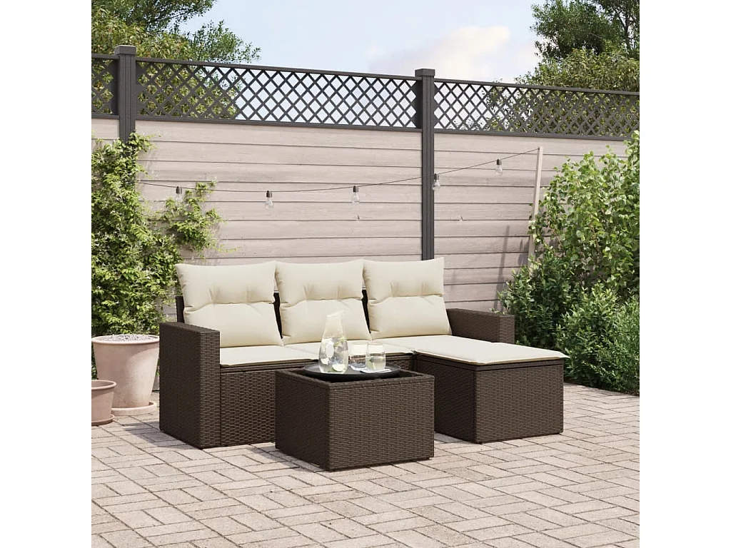 5-delige Loungeset met kussens poly rattan bruin