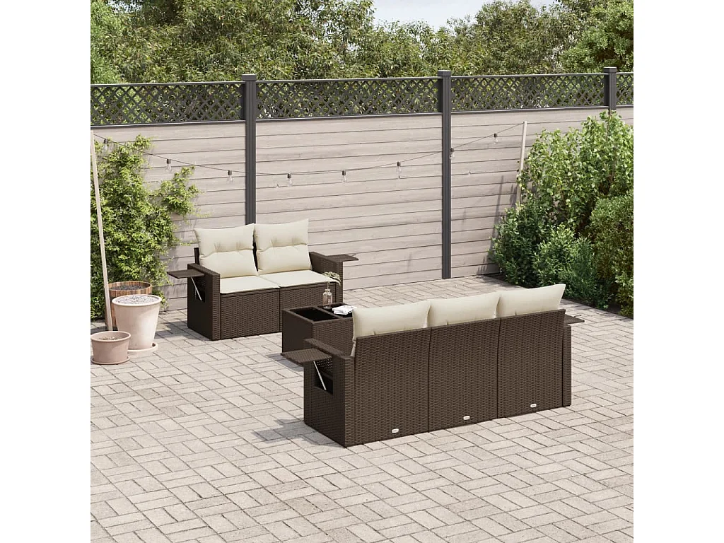 6-delige Loungeset met kussens poly rattan bruin