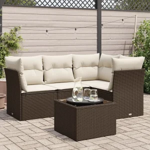 5-delige Loungeset met kussens poly rattan bruin 5-delige Loungeset met kussens poly rattan bruin