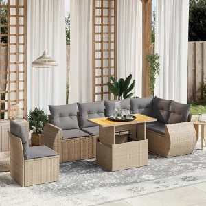 7-delige Loungeset met kussens poly rattan beige 7-delige Loungeset met kussens poly rattan beige