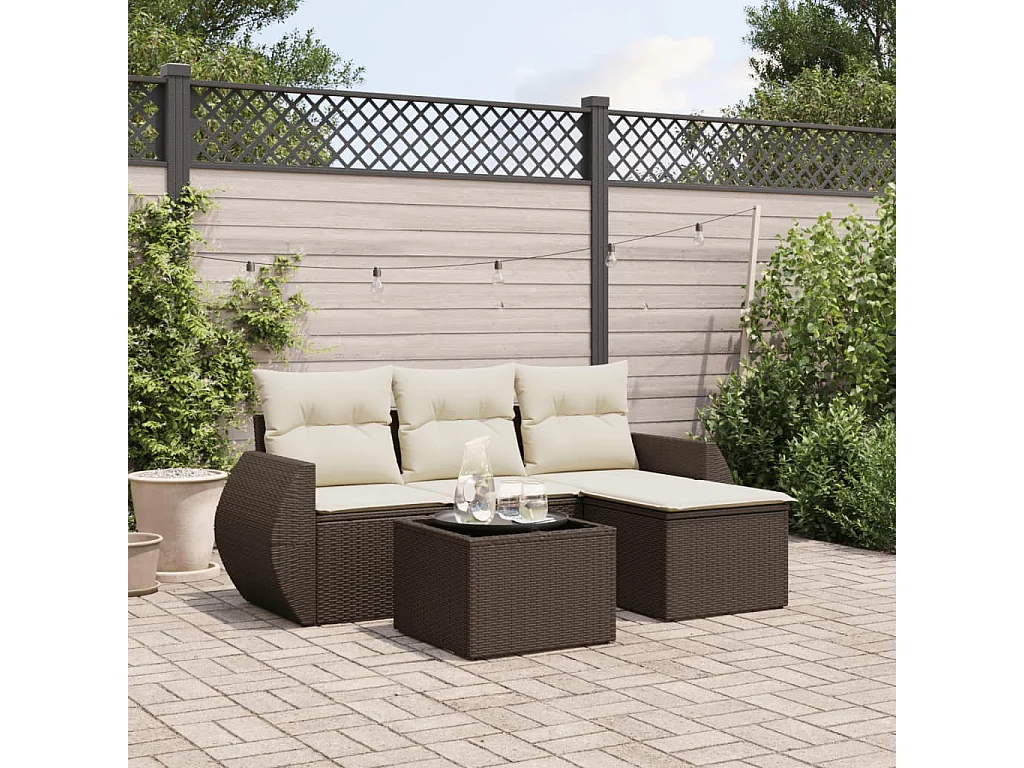 5-delige Loungeset met kussens poly rattan bruin