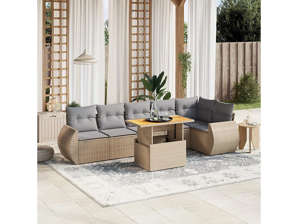 7-delige Loungeset met kussens poly rattan beige