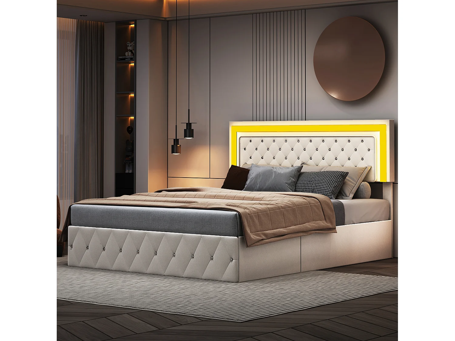160x200 cm fluwelen opbergbed - met LED en lattenbodem - Tweepersoonsbed met opbergruimte - met in hoogte verstelbaar hoofdeinde - Beige