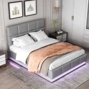 140×200 cm opbergbed – Hydraulisch opklapbaar gecapitonneerd LED tweepersoonsbed met lattenbodem – Grijs