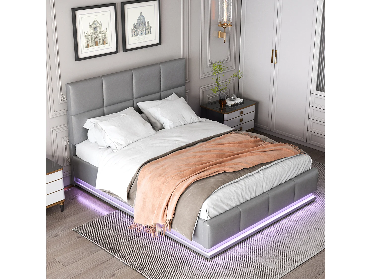 140x200 cm opbergbed - Hydraulisch opklapbaar gecapitonneerd LED tweepersoonsbed met lattenbodem - Grijs