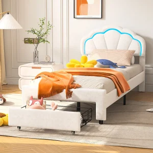 90×200 cm gestoffeerd eenpersoonsbed met lades, fluweel, LED-lichtstrip – Wit