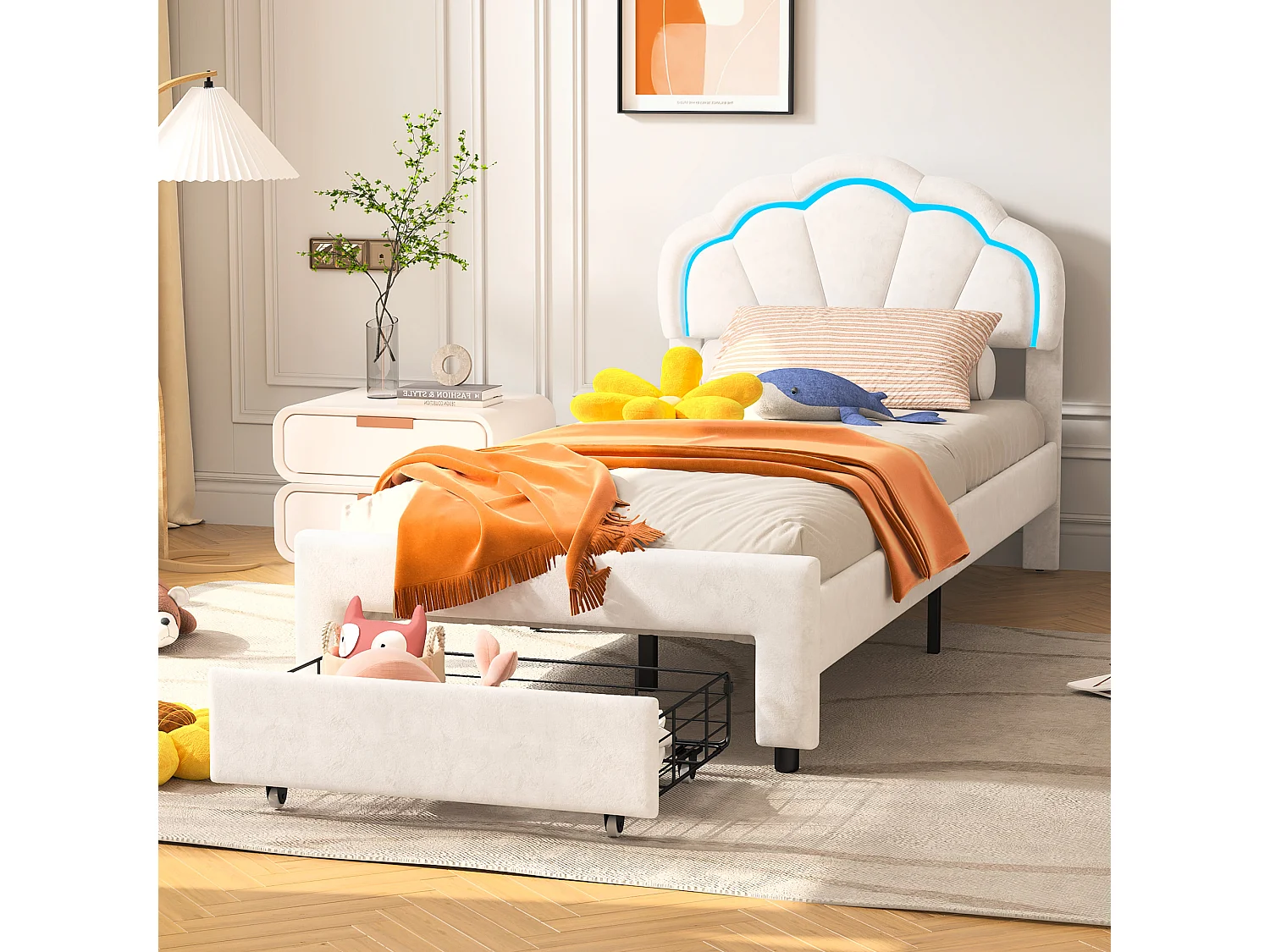 90x200 cm gestoffeerd eenpersoonsbed met lades, fluweel, LED-lichtstrip - Wit