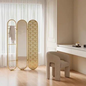 Kamerscherm art deco met spiegel in metaal, 3 luiken, L117 x H175 cm, goudkleurig MAVICA