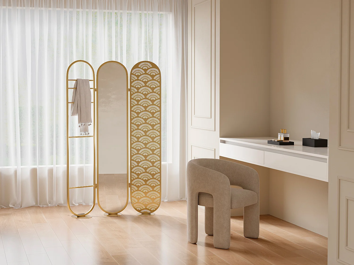 Kamerscherm art deco met spiegel in metaal, 3 luiken, L117 x H175 cm, goudkleurig MAVICA