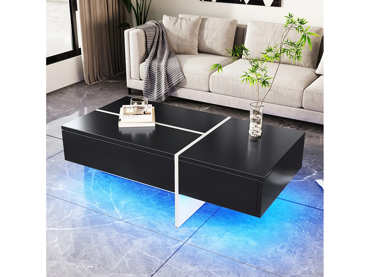 3 -Drawer -salontafel, met LED's en app, deeltjespaneel, zwart en wit, 100x50 x34,5 cm