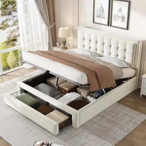 140*190 hydraulisch gestoffeerd bed met lattenbodem en hoofdeinde, met 2 laden, velours, beige