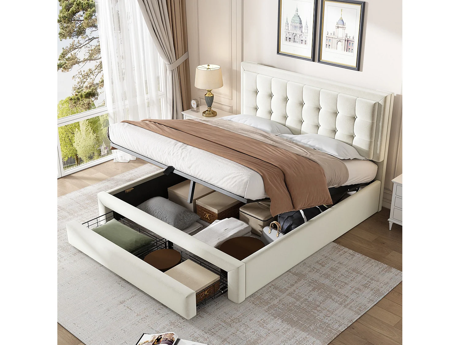 140*190 hydraulisch gestoffeerd bed met lattenbodem en hoofdeinde, met 2 laden, velours, beige